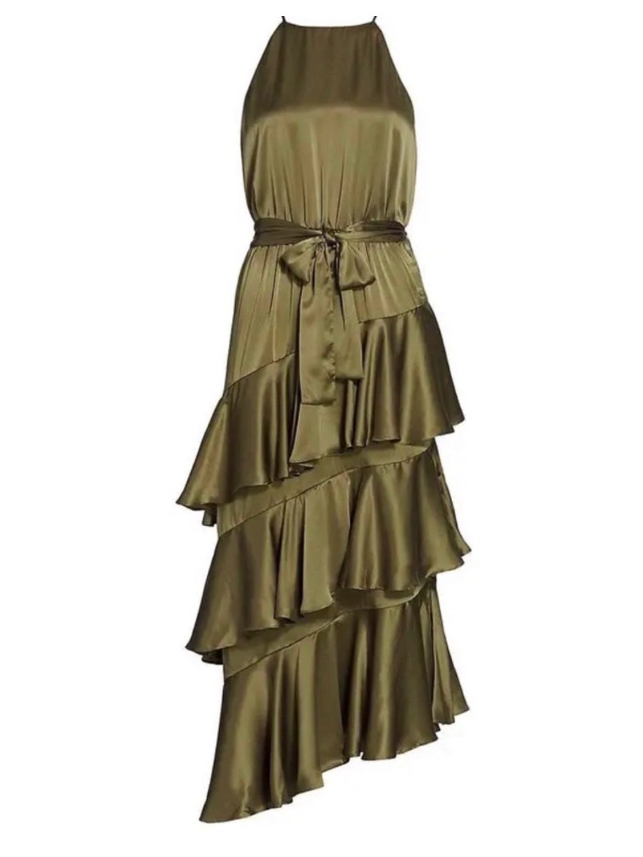Zimmermann Olive Green Satin Ruffle Halter Dress - Worn Once